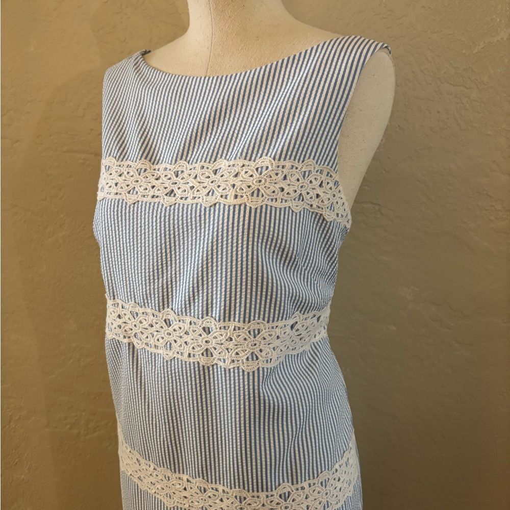 London Times Blue and White Striped Dress with Lace Accents Sz 14 - Picture 2 of 6